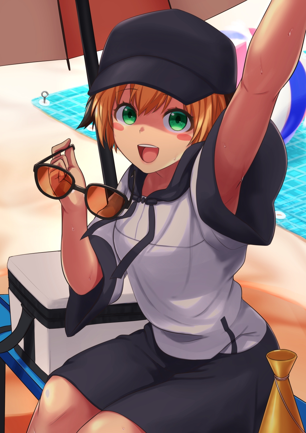 1girl, armpit_peek, ball, baseball_cap, beach, beach_towel, beach_umbrella, beachball, bench, black_hair, blonde_hair, blush_stickers, burn_mekabu, commentary_request, cooler, drawstring, fate/grand_order, fate_(series), gareth_(fate), gareth_(swimsuit_saber)_(fate), green_eyes, hair_between_eyes, hat, highres, holding, holding_eyewear, hooded_dress, looking_at_viewer, megaphone, multicolored_hair, open_mouth, short_hair, sitting, solo, sunglasses, sweat, towel, two-tone_dress, two-tone_hair, umbrella