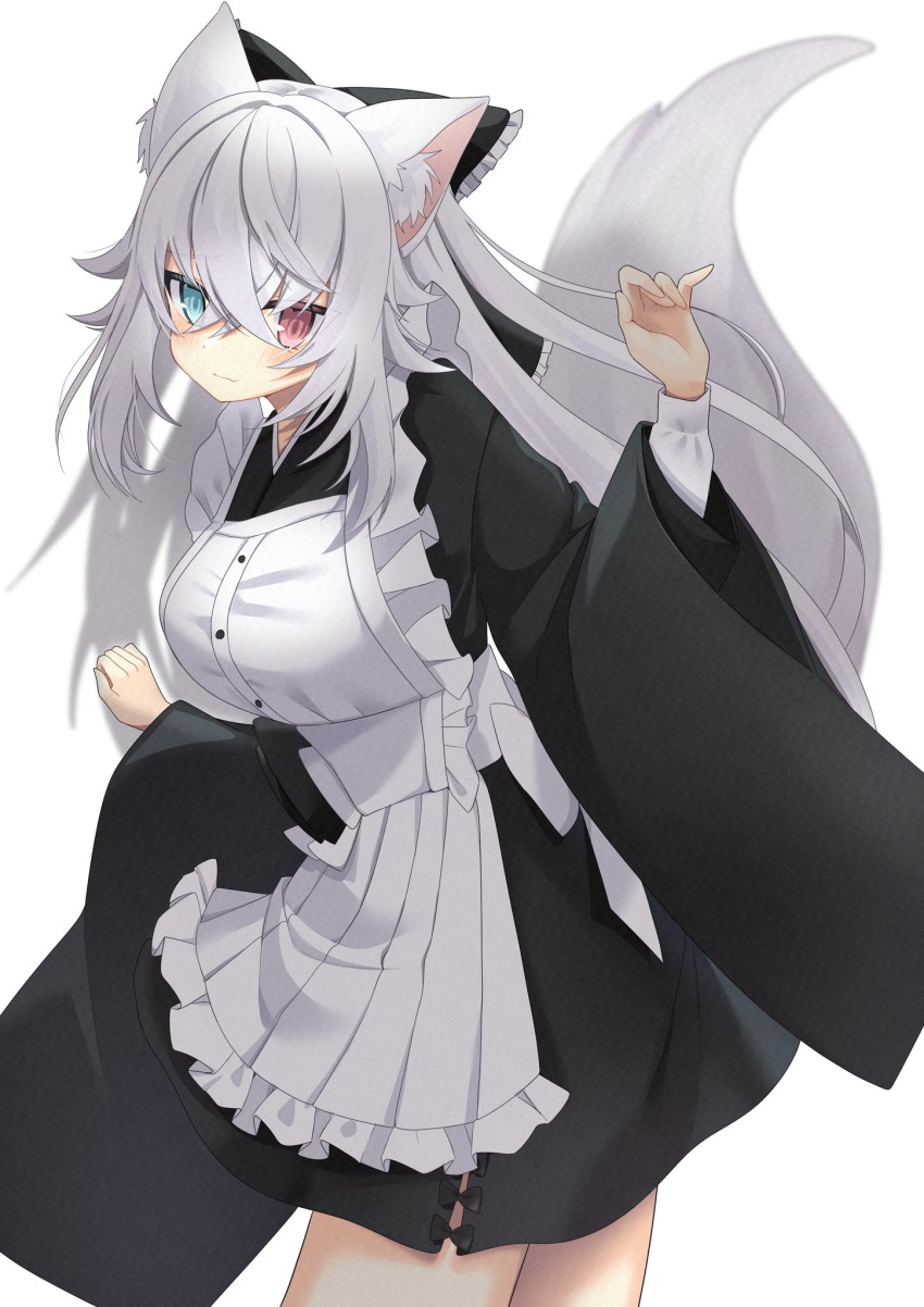 1girl, animal_ear_fluff, animal_ears, black_bow, blue_eyes, bope, bow, closed_mouth, commission, eyes_visible_through_hair, fang, fox_ears, fox_tail, frilled_bow, frills, grey_hair, hair_between_eyes, hair_bow, heterochromia, highres, long_hair, long_sleeves, looking_at_viewer, maid, original, red_eyes, sentouryoku_5, simple_background, skeb_commission, skin_fang, smile, solo, tail, white_background, wide_sleeves