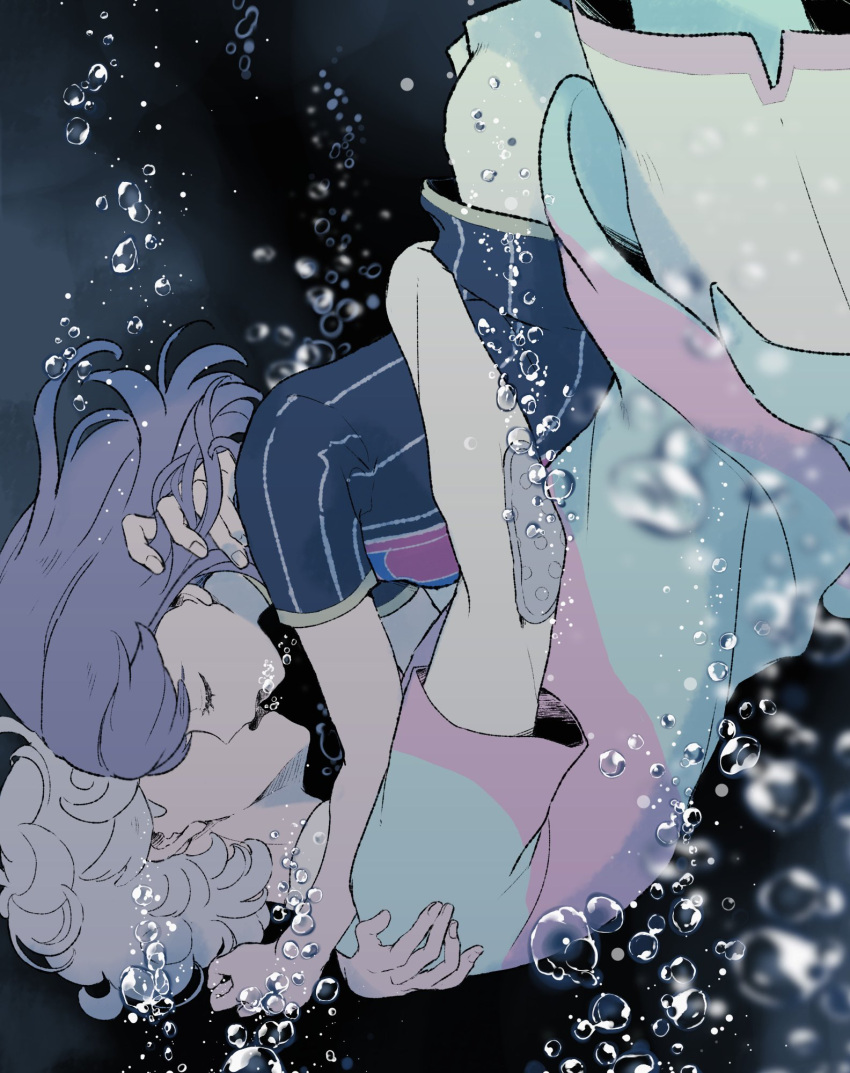 1boy, 1girl, 9no_kabe, air_bubble, bede_(pokemon), black_shirt, blurry, bubble, champion_uniform, closed_eyes, commentary_request, curly_hair, eyelashes, from_side, gloria_(pokemon), hetero, highres, imminent_kiss, pokemon, pokemon_(game), pokemon_swsh, shirt, short_hair, short_sleeves, shorts, side_slit, side_slit_shorts, undershirt, underwater, white_shorts
