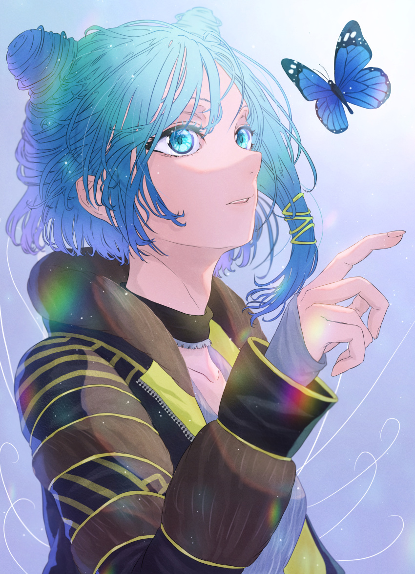 1girl, absurdres, bangs, black_choker, blue_background, blue_butterfly, blue_hair, brown_jacket