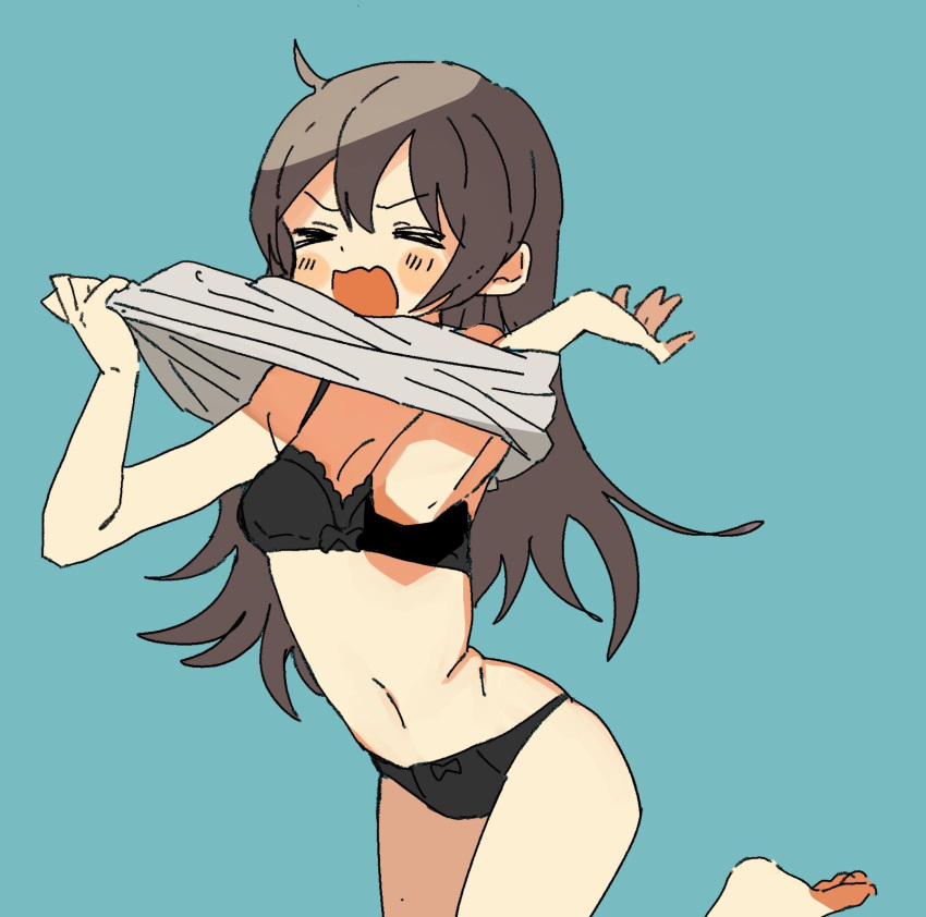 1girl, ahoge, barefoot, black_bra, black_panties, blue_background, blush, blush_stickers