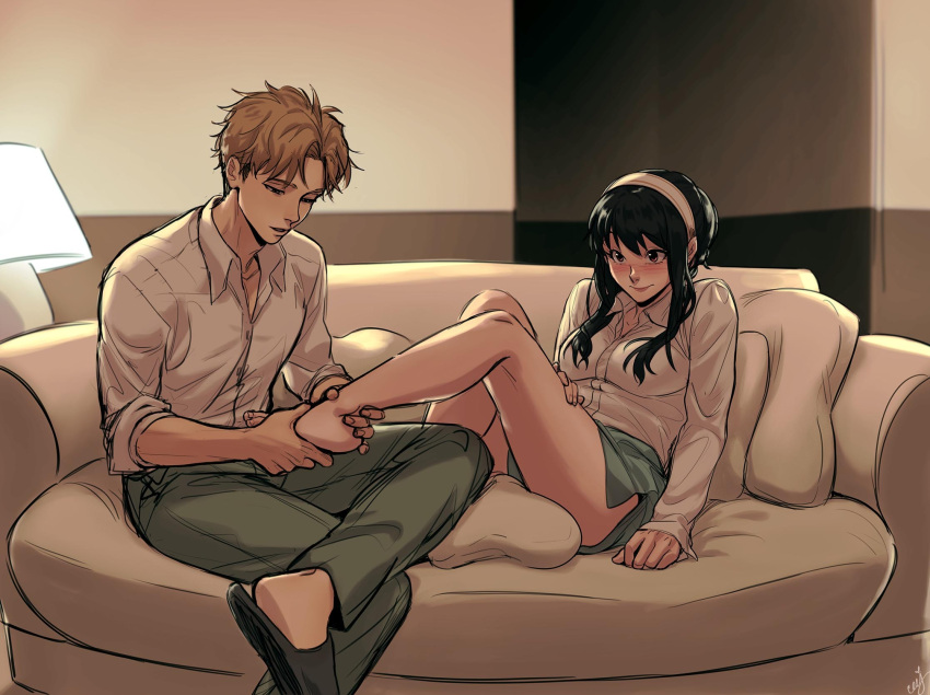 1boy, 1girl, black_hair, blonde_hair, blush, breasts, ceejles, couch