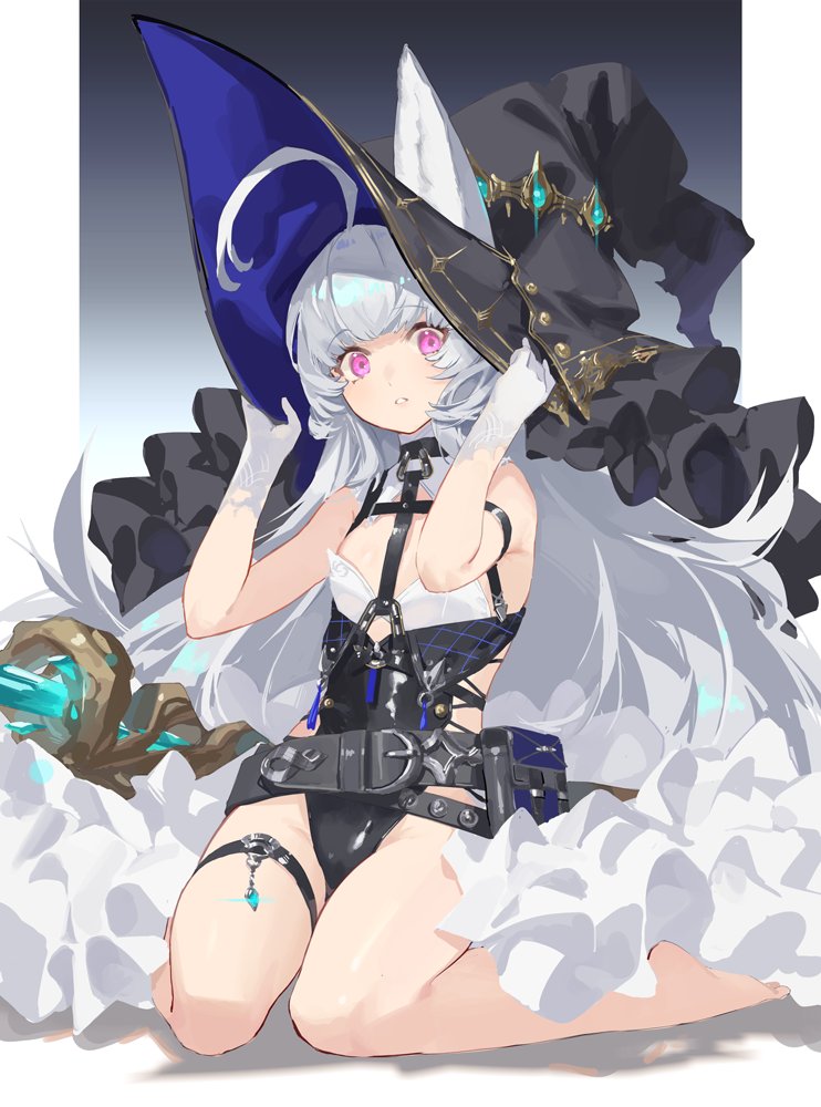 1girl, ahoge, animal_ears, aqua_gemstone, armband, bare_shoulders, barefoot, belt