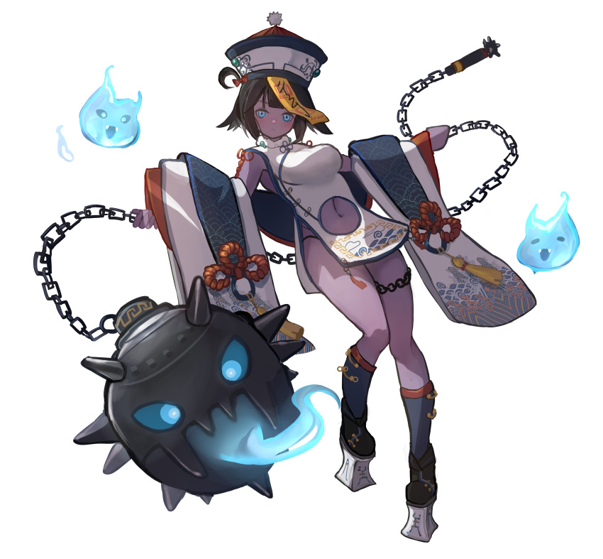1girl, absurdres, ball_and_chain_(weapon), black_footwear, blue_eyes, blue_fire, blue_headwear, blue_socks