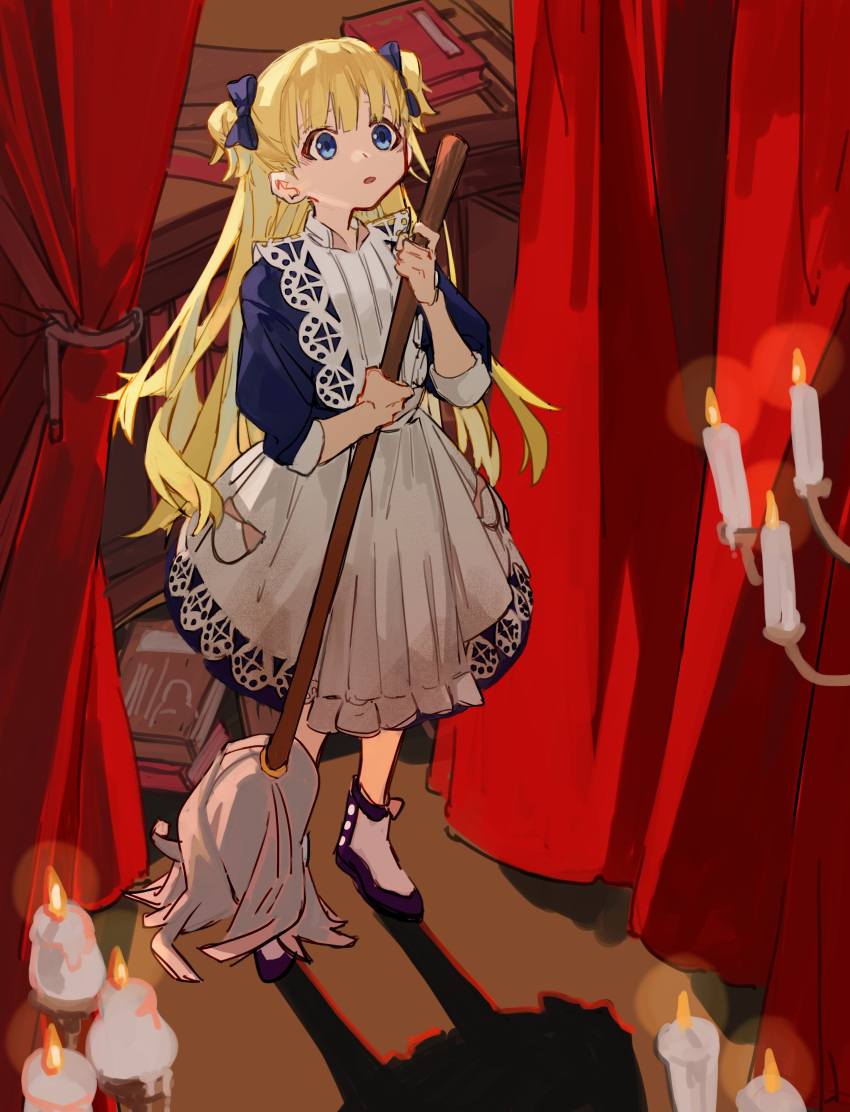 1girl, :o, absurdres, blonde_hair, blue_bow, blue_eyes, book, bow