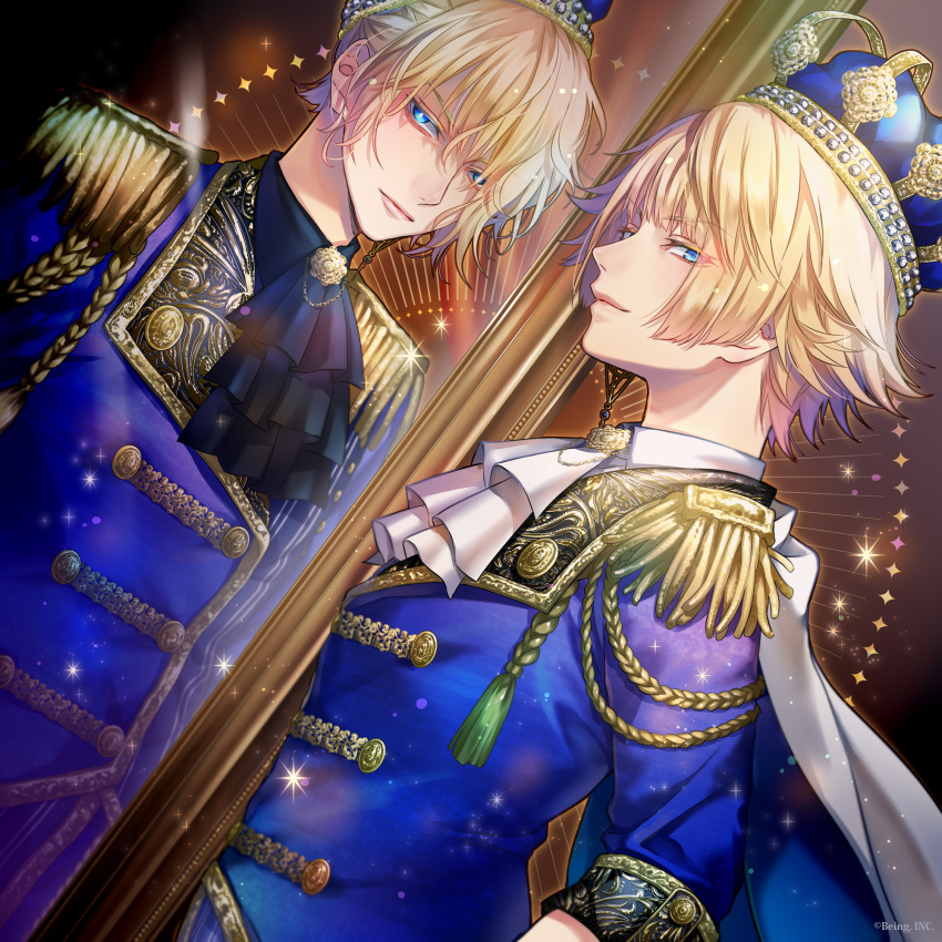 2boys, ascot, blonde_hair, blue_eyes, blue_shirt, closed_mouth, crown, facing_another