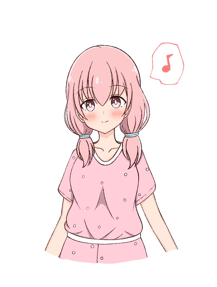 1girl, alternate_hair_length, alternate_hairstyle, arms_at_sides, assault_lily, bangs, blush, bright_pupils, closed_mouth, collarbone, commentary_request, cowboy_shot, cropped_arms, cropped_legs, eighth_note, hair_between_eyes, hair_tie, highres, hitotsuyanagi_riri, long_hair, looking_at_viewer, low_twintails, musical_note, pajamas, pink_eyes, pink_hair, pink_pajamas, polka_dot, polka_dot_pajamas, serizawa_pickel, short_sleeves, short_twintails, simple_background, smile, solo, speech_bubble, spoken_musical_note, standing, twintails, white_background, white_pupils