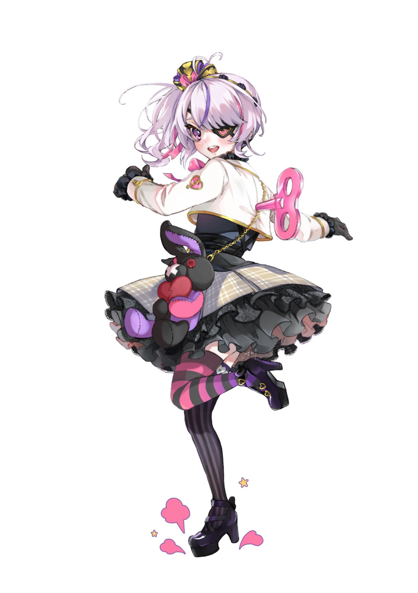 1girl, :d, ahoge, asymmetrical_legwear, bangs, belt, black_belt, black_bow