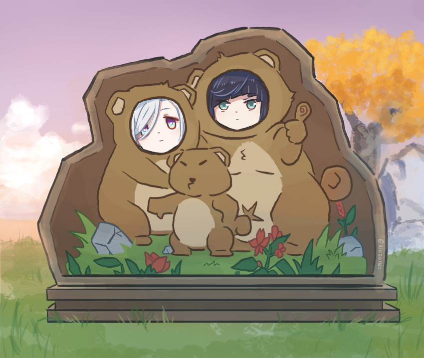 2girls, bear, black_hair, genshin_impact, green_eyes, highres, multiple_girls, photo_stand-in