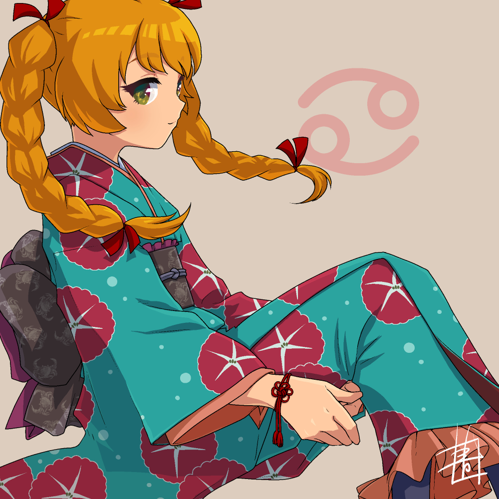 1girl, aoiyuya, bangs, blush, bracelet, braid, cancer, frilled_kimono, frills, green_eyes, hair_ribbon, hugging_own_legs, japanese_clothes, jewelry, kimono, knees_up, long_hair, long_sleeves, looking_at_viewer, obi, orange_hair, original, profile, ribbon, sash, signature, sitting, smile, solo, twin_braids, wide_sleeves, zodiac