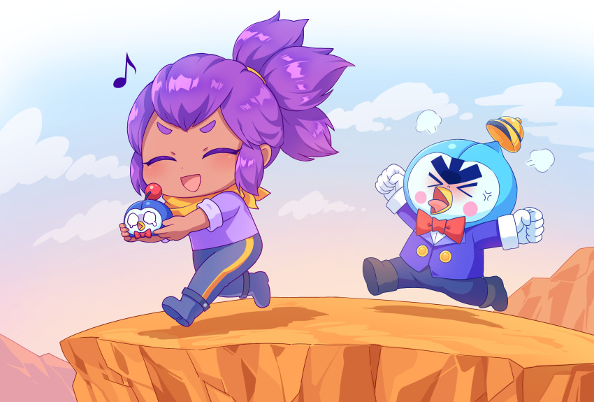 >_<, ^_^, anger_vein, bandana, black_footwear, black_pants, blue_sky, blush, boots, bow, bowtie, brawl_stars, character_request, closed_eyes, clouds, dark-skinned_female, dark_skin, day, eighth_note, highres, holding, jacket, kaoling, mr.p_(brawl_stars), musical_note, nose_blush, outdoors, pants, ponytail, purple_hair, purple_jacket, purple_shirt, red_bow, red_bowtie, running, shelly_(brawl_stars), shirt, shoe_soles, short_eyebrows, short_sleeves, sky, thick_eyebrows, v-shaped_eyebrows, white_shirt