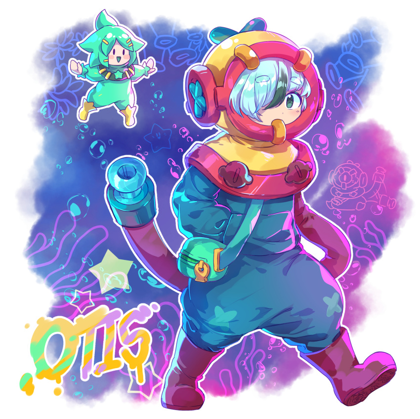 :>, afterimage, air_bubble, blue_hair, blush, blush_stickers, boots, brawl_stars, brown_footwear, bubble, cil_(brawl_stars), coral, covered_mouth, green_eyes, green_hair, hair_over_one_eye, hand_in_pocket, highres, kaoling, long_sleeves, looking_at_viewer, multicolored_hair, onesie, otis_(brawl_stars), parted_lips, puffy_long_sleeves, puffy_sleeves, short_eyebrows, solid_oval_eyes, star_(symbol), streaked_hair, thick_eyebrows, triangle_mouth
