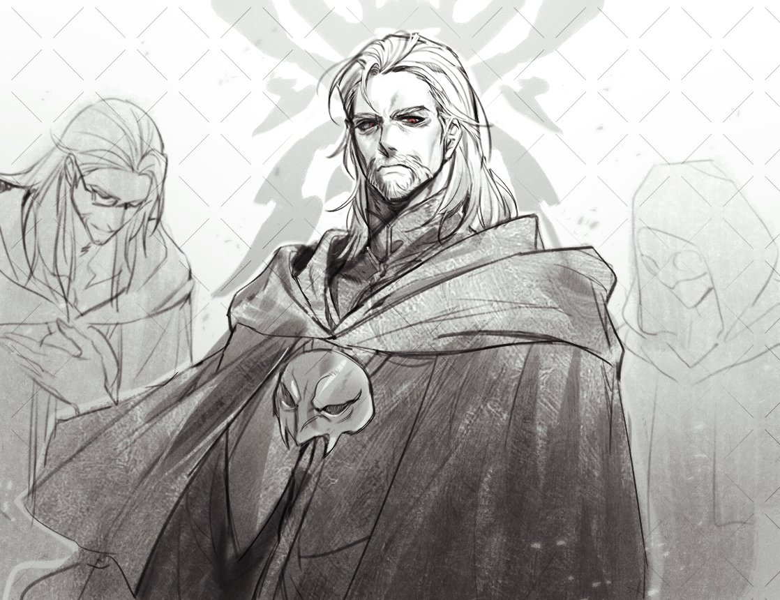 1other, 2boys, ambiguous_gender, baebabaego, beard, bowing, capelet, closed_eyes