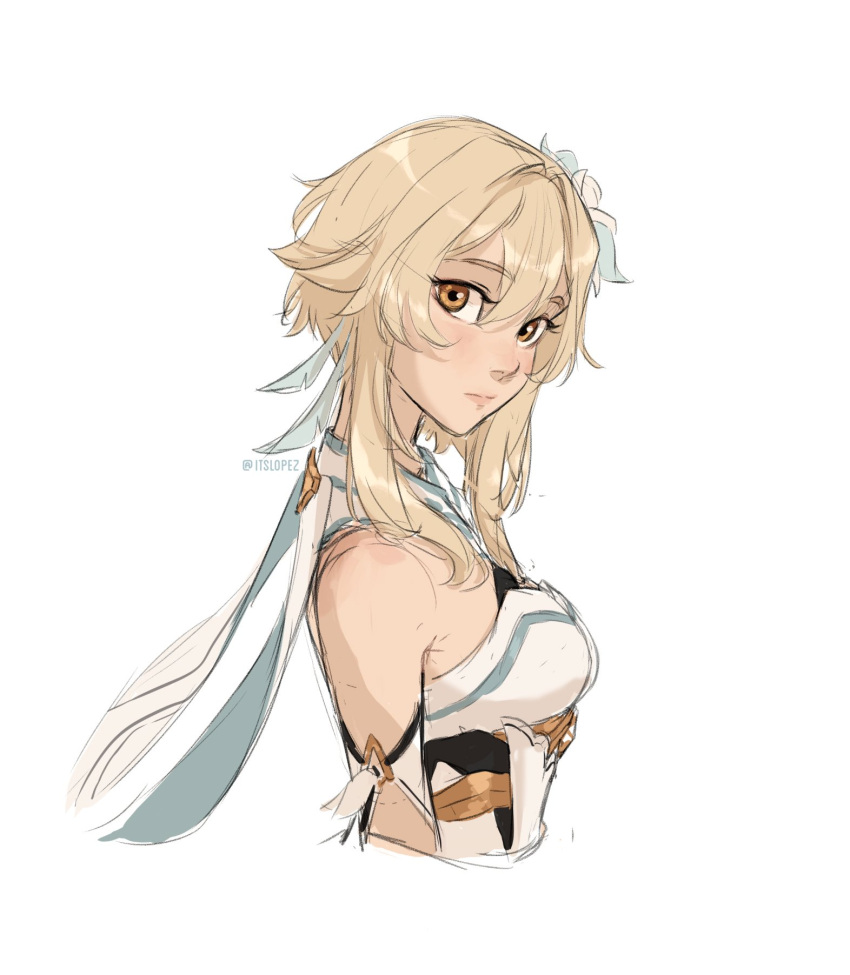 1girl, bare_shoulders, blonde_hair, breasts, brown_eyes, cape, detached_sleeves, dress