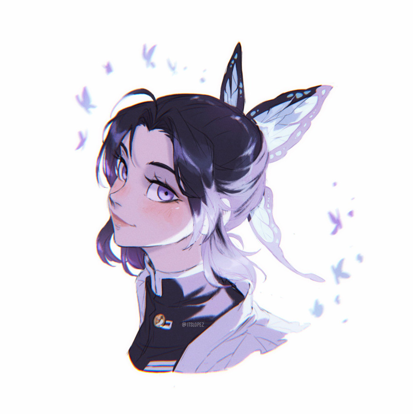 1girl, bangs, black_hair, bug, butterfly, butterfly_hair_ornament, demon_slayer_uniform, gradient_hair, hair_ornament, hair_up, high_collar, highres, itslopezz, kimetsu_no_yaiba, kochou_shinobu, looking_at_viewer, multicolored_hair, parted_bangs, portrait, purple_hair, sidelocks, smile, solo, upper_body, violet_eyes, white_background