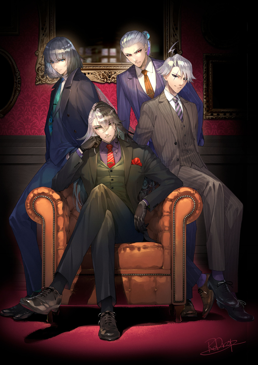 4boys, absurdres, ahoge, alternate_costume, aqua_necktie, armchair, arthropod_boy, ashiya_douman_(fate)