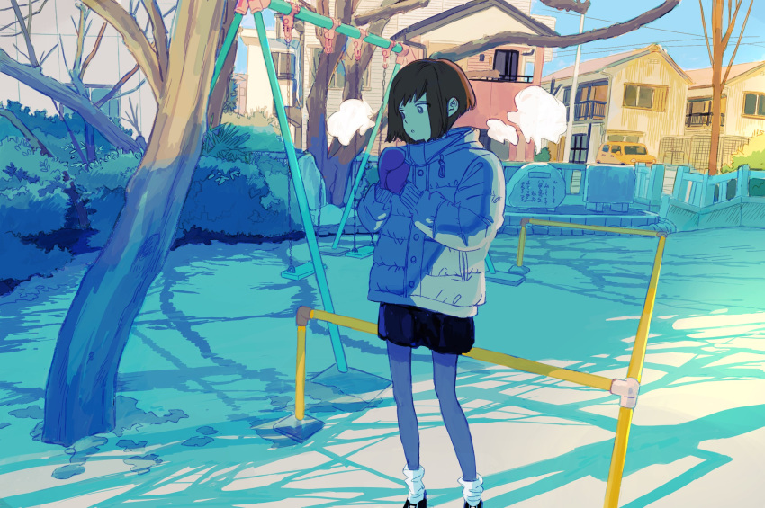 1girl, :o, bare_tree, black_footwear, black_skirt, blue_coat, blue_sky, brown_hair