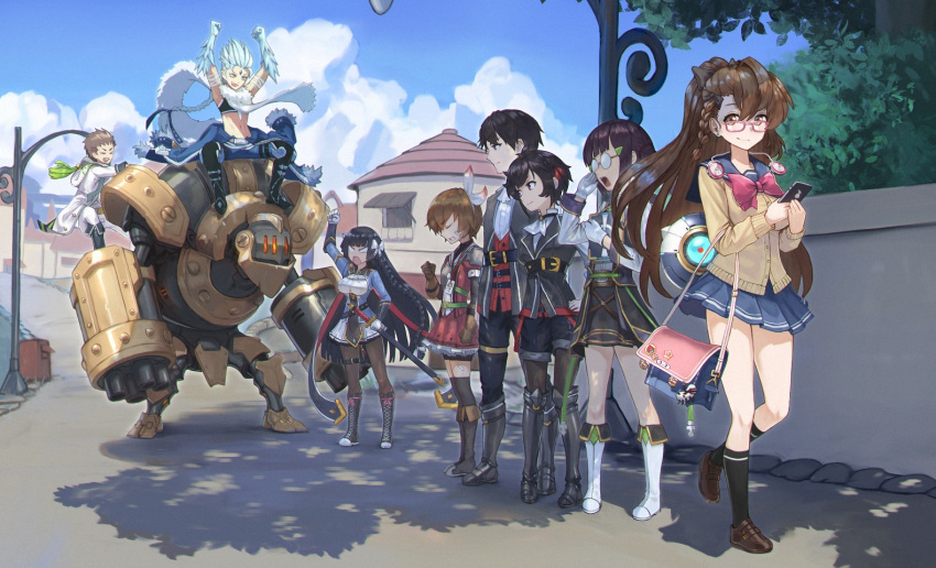 3boys, 5girls, adlay_(epic_seven), alaskastomatoez, azalea_(epic_seven), bag, black_bow, black_hair, black_socks, blue_hair, blue_skirt, book, boots, bow, braid, brown_footwear, brown_gloves, brown_hair, cellphone, clenched_hand, closed_eyes, clouds, epic_seven, forehead_jewel, glasses, gloves, hair_bow, hazel_(epic_seven), headphones, headphones_around_neck, holding, holding_book, holding_phone, judith_(epic_seven), karin_(epic_seven), lamppost, metal_boots, multiple_boys, multiple_girls, open_mouth, orichalcum_gigantes, phone, rikoris_(epic_seven), robot, scabbard, school_bag, school_uniform, sheath, shorts, skirt, smartphone, socks, twintails, white_bow, white_gloves, yuna_(epic_seven), zerato_(epic_seven)