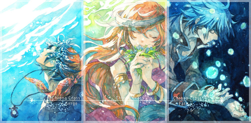 1girl, 2boys, air_bubble, armlet, bandana, bangle, black_jacket, blue_hair
