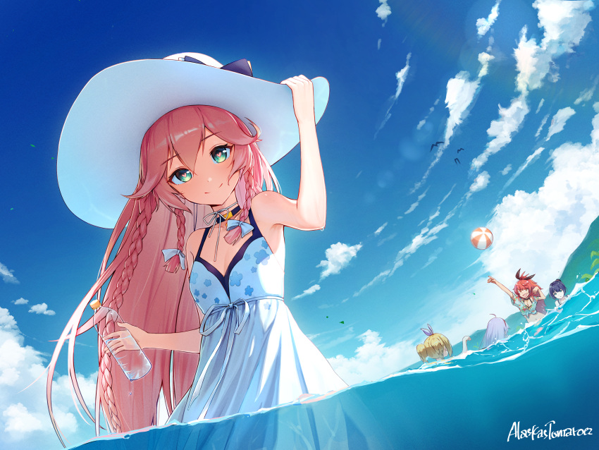 5girls, absurdres, ahoge, alaskastomatoez, alexa_(epic_seven), angelica_(epic_seven), ball, beachball