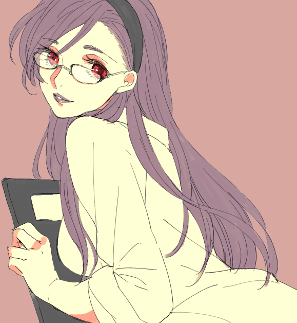 1girl, alternate_costume, black_hairband, breasts, brown_background, casual, chrono_cross, clipboard, collared_shirt, contemporary, glasses, hair_over_one_eye, hairband, holding, holding_clipboard, long_hair, long_sleeves, looking_at_viewer, looking_back, medium_breasts, parted_lips, purple_hair, purple_lips, red_eyes, riddel_(chrono_cross), shirt, solo, tokio_(okt0w0), upper_body, white_shirt