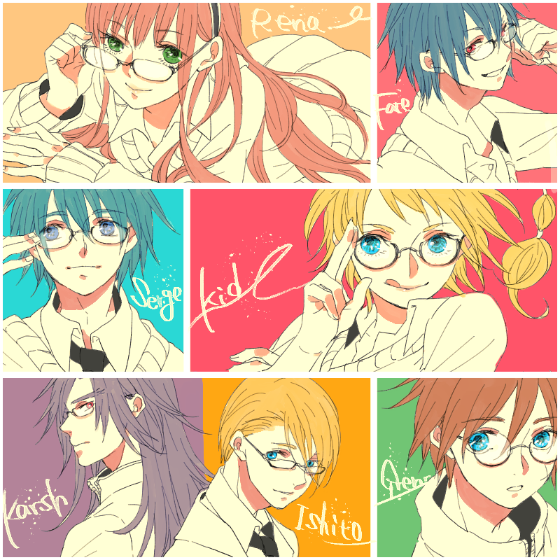 2girls, 5boys, adjusting_eyewear, alternate_costume, blonde_hair, blue_eyes, blue_hair, cardigan, casual, character_name, chrono_cross, collared_shirt, contemporary, dark_skin, glasses, glenn_(chrono_cross), green_eyes, grin, hair_between_eyes, hairband, high_collar, karsh_(chrono_cross), kid_(chrono_cross), leena_(chrono_cross), long_hair, multi-tied_hair, multicolored_background, multiple_boys, multiple_girls, necktie, norris_(chrono_cross), parted_lips, ponytail, portrait, purple_hair, redhead, scar, scar_on_cheek, scar_on_face, serge_(chrono_cross), shirt, short_hair, smile, tokio_(okt0w0), tongue, tongue_out, upper_body