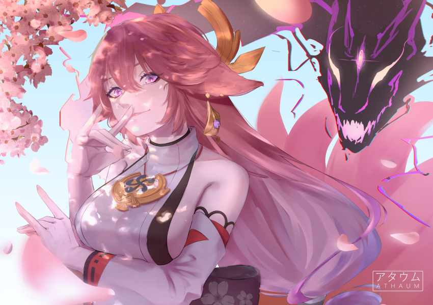 1girl, absurdres, animal_ears, athaum, cherry_blossoms, double_fox_shadow_puppet, earrings, falling_petals, fox_ears, fox_shadow_puppet, genshin_impact, hair_between_eyes, highres, japanese_clothes, jewelry, obi, petals, pink_hair, sash, solo, violet_eyes, yae_miko