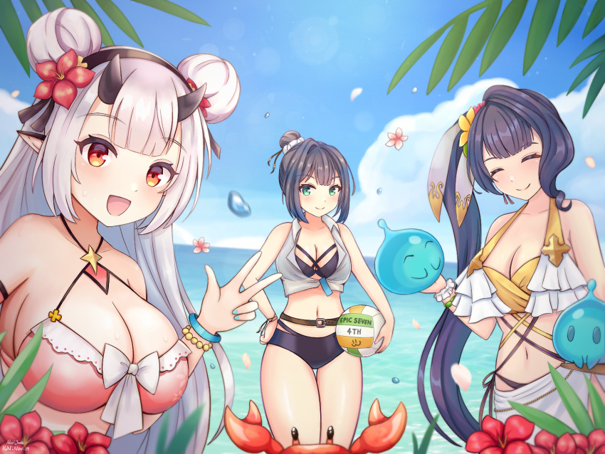 3girls, alexa_(epic_seven), aqua_eyes, ball, bellona_(epic_seven), black_hair, black_horns, bracelet
