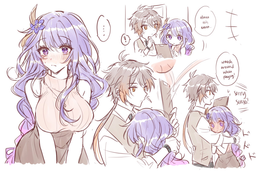 !, ..., 1boy, 1girl, alternate_costume, bangs, blush, braid