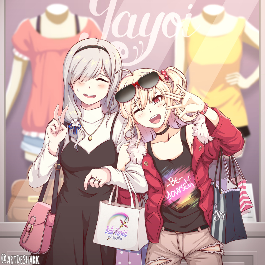 2girls, :d, ;d, \||/, absurdres, adesa, ahoge, alternate_costume