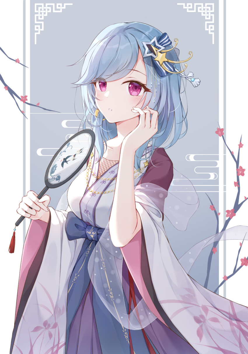 1girl, blue_hair, blush, branch, breasts, cherry_blossoms, collarbone, folding_fan, hair_ornament, hand_fan, highres, hoshimiya_sio, indie_virtual_youtuber, japanese_clothes, kebin_no_shio_amaou, kimono, long_sleeves, medium_breasts, medium_hair, official_art, purple_kimono, sash, see-through, solo, star_(symbol), star_hair_ornament, violet_eyes, virtual_youtuber, white_kimono, wide_sleeves
