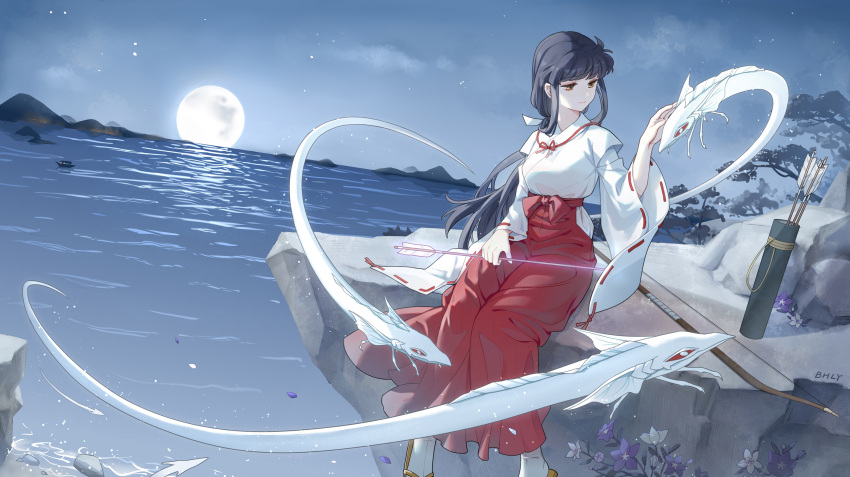 1girl, arrow_(projectile), black_hair, bohe_liang_you, bow_(weapon), full_moon, hair_ribbon, hakama