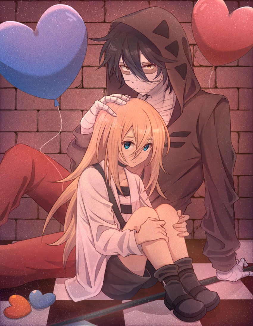1boy, 1girl, balloon, bandaged_hand, bandaged_head, bandages, black_choker, black_hair