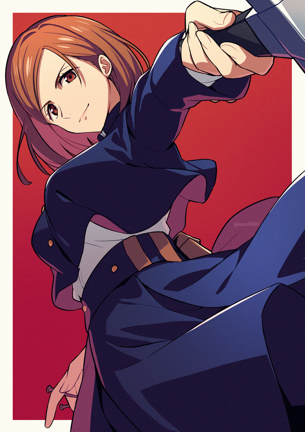 1girl, asada_hachi, banned_artist, blue_jacket, blue_skirt, border, brown_eyes, brown_hair