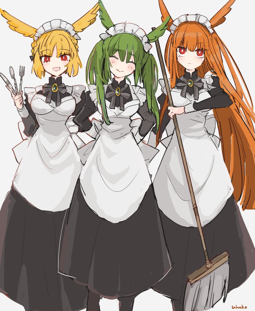 3girls, alternate_costume, apron, artist_name, blonde_hair, braid, bright_pupils, dress, enmaided, fate/grand_order, fate_(series), fork, geirskogul_(fate), green_hair, head_wings, long_dress, long_hair, maid, maid_apron, maid_headdress, multiple_girls, olrun_(fate), orange_hair, red_eyes, rindr_(fate), smile, spoon, table_knife, twintails, uhana, valkyrie_(fate), white_pupils