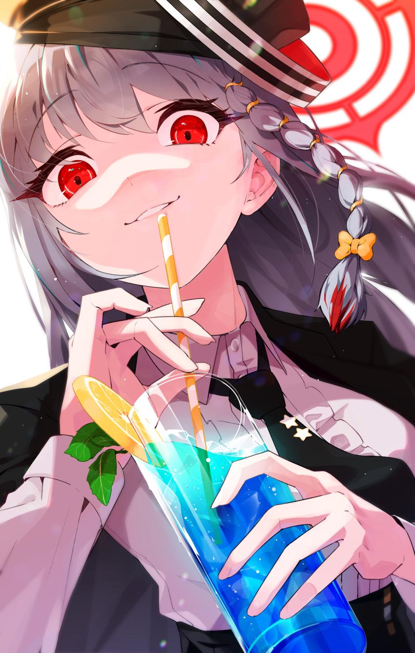 1girl, absurdres, blue_archive, bow, braid, collared_shirt, cup, drink