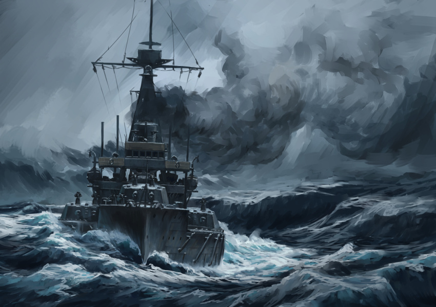abe_yasushi_(umizoi_tibet), battleship, cannon, highres, hms_dreadnought, mast, military, military_vehicle, no_humans, ocean, original, outdoors, royal_navy, ship, smoke, turret, vehicle_focus, warship, watercraft, waves