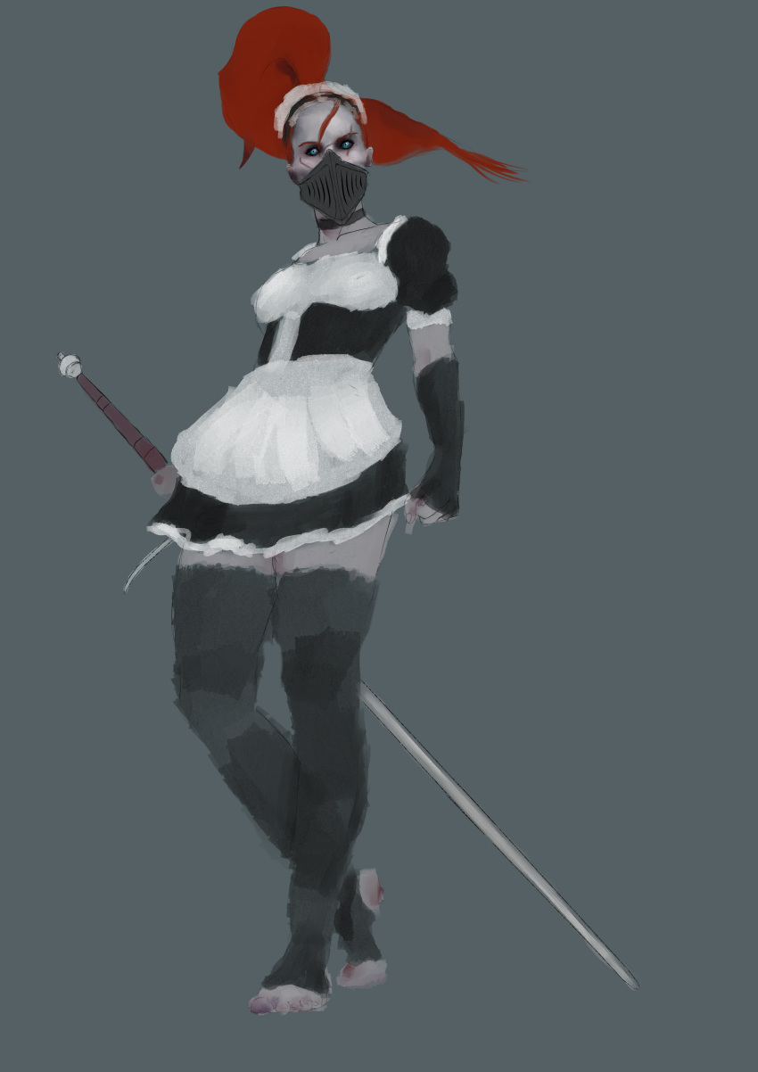 1girl, absurdres, apron, blue_eyes, choker, collarbone, gloves, greatsword
