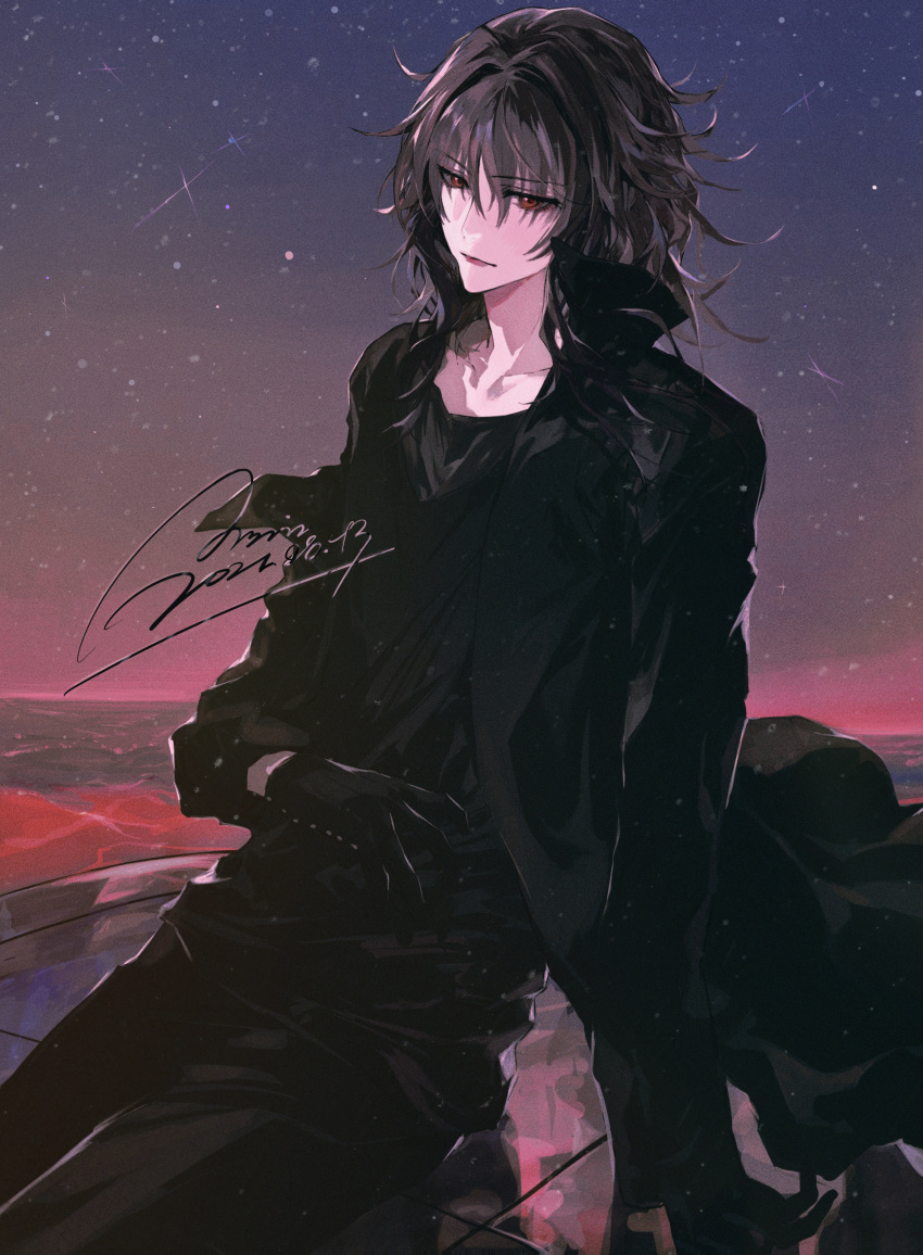 0615600312, 1boy, absurdres, bishounen, black_nails, girly_boy, highres, k_(anime), male_focus, mishakuji_yukari, outdoors, red_eyes, solo