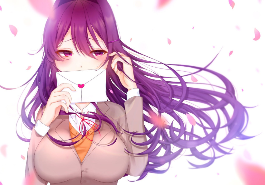 1girl, bangs, blazer, blush, breasts, collared_shirt, covering_mouth, doki_doki_literature_club, falling_petals, hair_ornament, hairclip, hand_in_own_hair, hand_up, highres, holding, holding_letter, jacket, large_breasts, letter, long_hair, looking_to_the_side, love_letter, neck_ribbon, petals, purple_hair, ribbon, saihara_homare, school_uniform, shirt, solo, sweater, violet_eyes, wind, yuri_(doki_doki_literature_club)