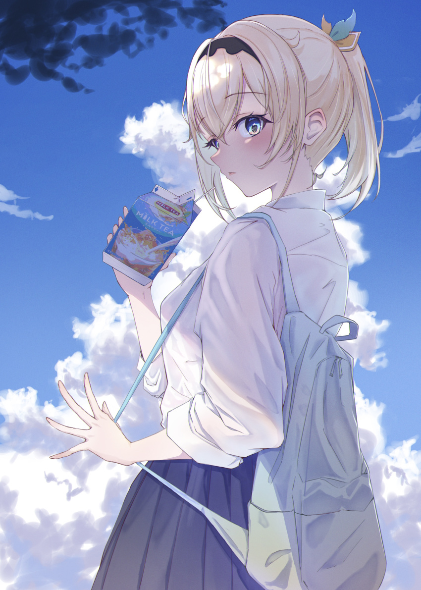 1girl, absurdres, aqua_eyes, bag, blonde_hair, bookbag, clouds, cloudy_sky