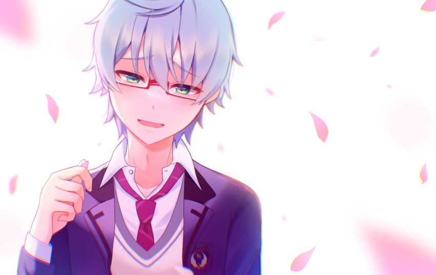 1boy, bangs, blazer, blue_eyes, blue_hair, blush, collared_shirt, falling_petals