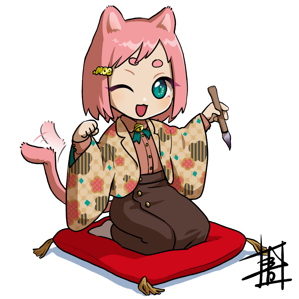 1girl, :3, :d, animal_ears, aoiyuya, bell, blush, calligraphy_brush