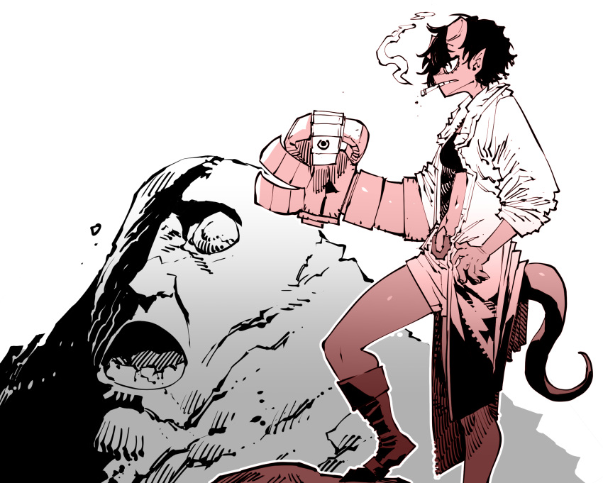 1girl, broken_horns, cigarette, coat, colored_skin, demon_girl, from_side, genderswap, genderswap_(mtf), hellboy, hellboy_(comic), highres, holding, mouth_hold, navel, oversized_forearms, oversized_limbs, red_skin, short_hair, smoke, solo, ssambatea, tail
