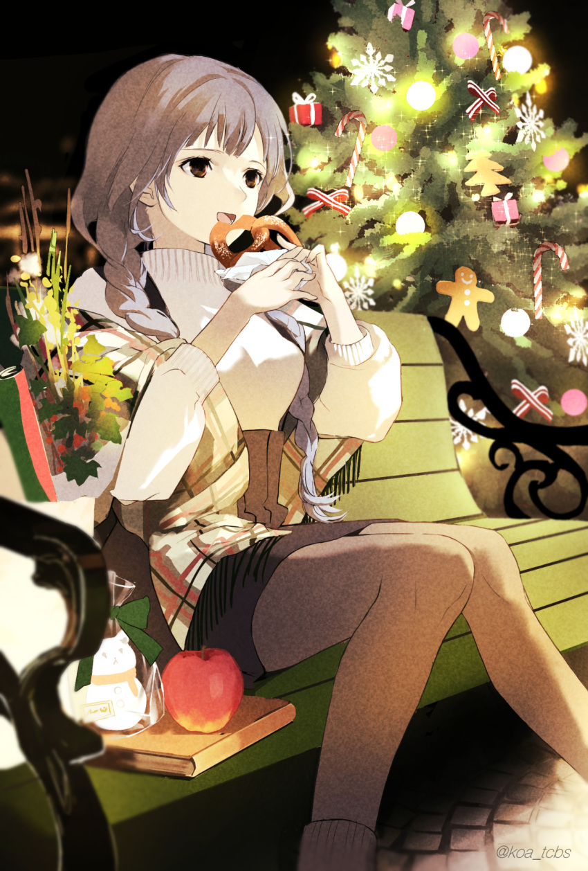 1girl, apple, bangs, book, braid, brown_eyes, brown_hair, candy