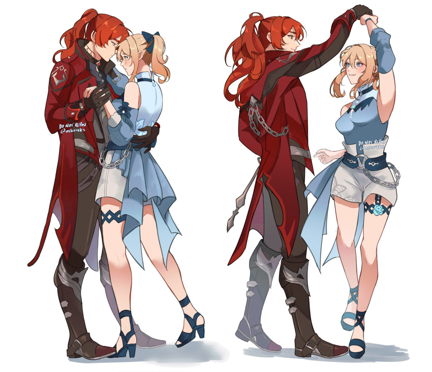 1boy, 1girl, absurdres, aqua_flower, arm_up, armpits, asterrales, bare_shoulders