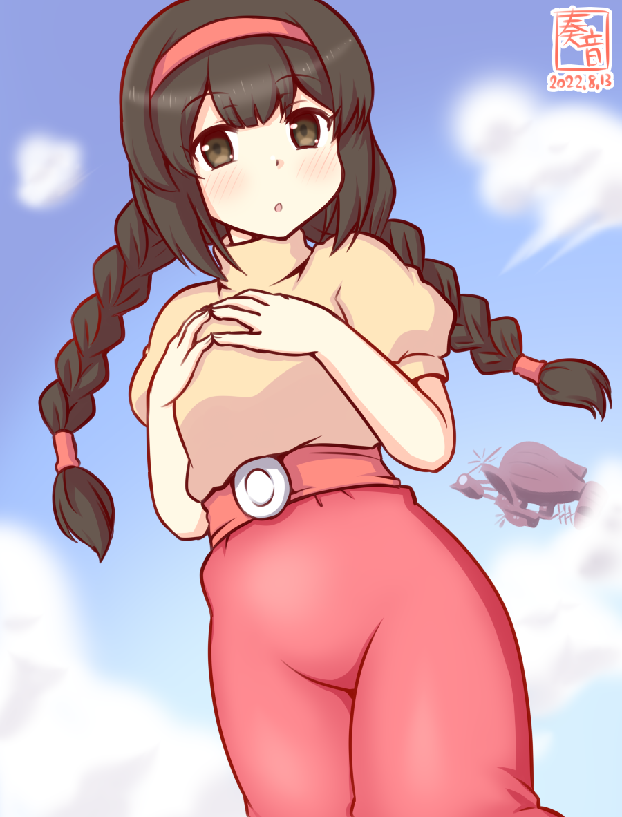 artist_logo, black_eyes, black_hair, blue_sky, braid, clouds, commentary_request, cosplay