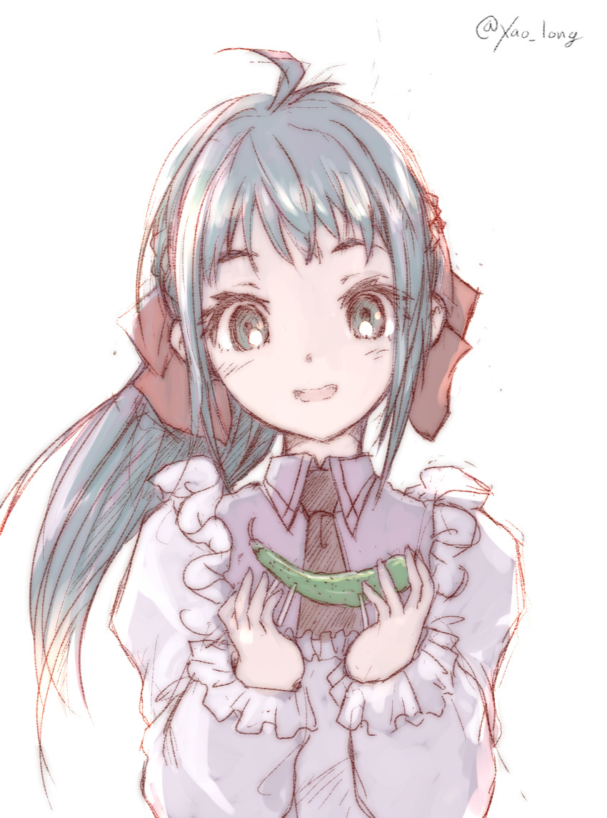 1girl, apron, black_necktie, chicken99, commentary_request, green_eyes, green_hair, hair_ribbon