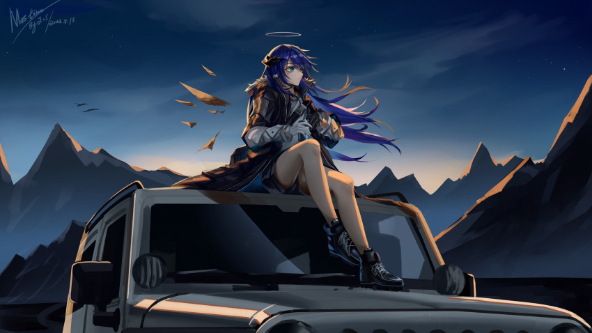1girl, arknights, bare_legs, black_footwear, blue_eyes, blue_hair, clouds, commentary_request