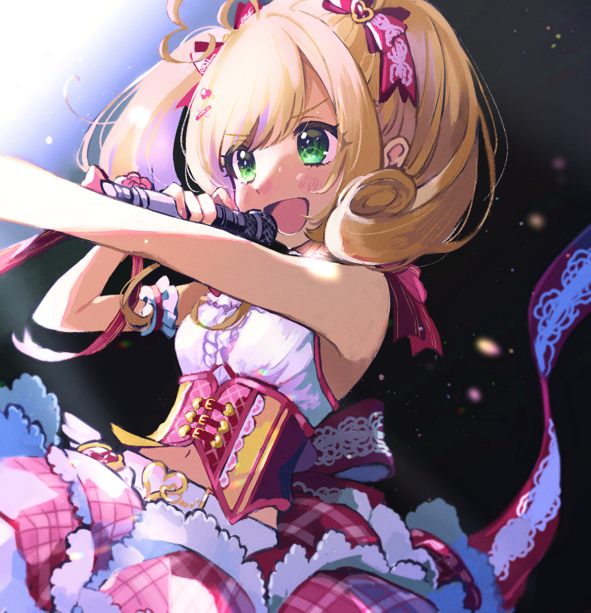 1girl, :d, armband, back_bow, bangs, belt, blonde_hair, blush